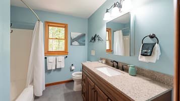Hair dryer, towels, soap, shampoo