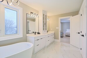 Hair dryer, towels, soap, toilet paper