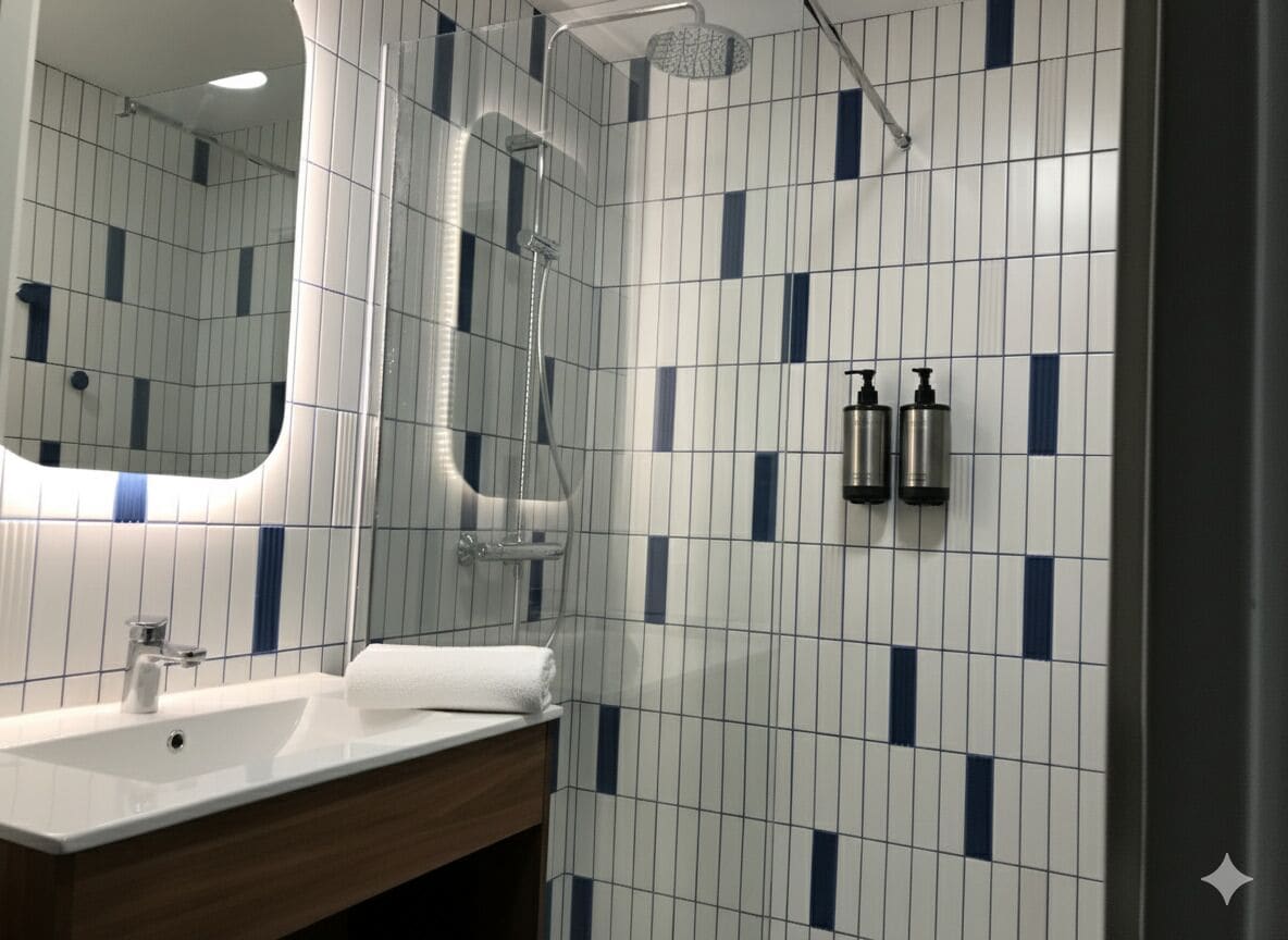 Douche, sèche-cheveux, serviettes fournies, savon