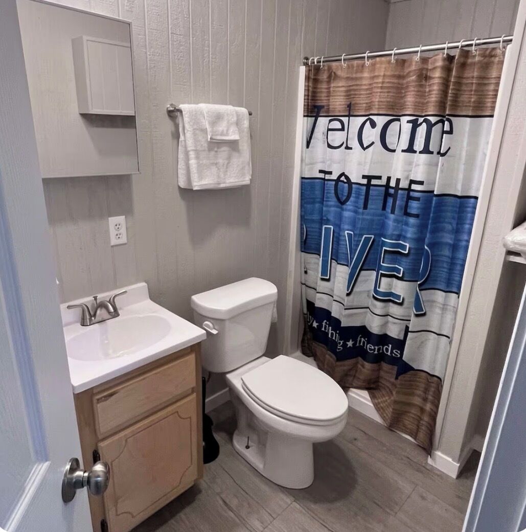 Shower, towels, soap, toilet paper