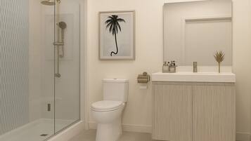 Regadera, secadora de cabello, toallas, jabón