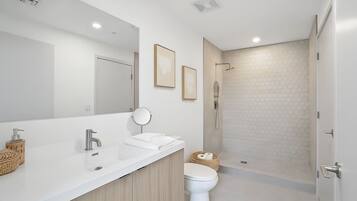 Regadera, secadora de cabello, toallas, jabón