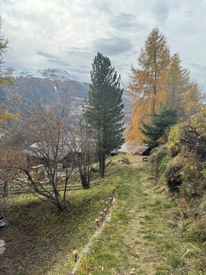 Property grounds - Spacious chalet for 6 people, quiet, with a splendid view.Inside : Living room, kitchen area, 2-seat (St-Luc)