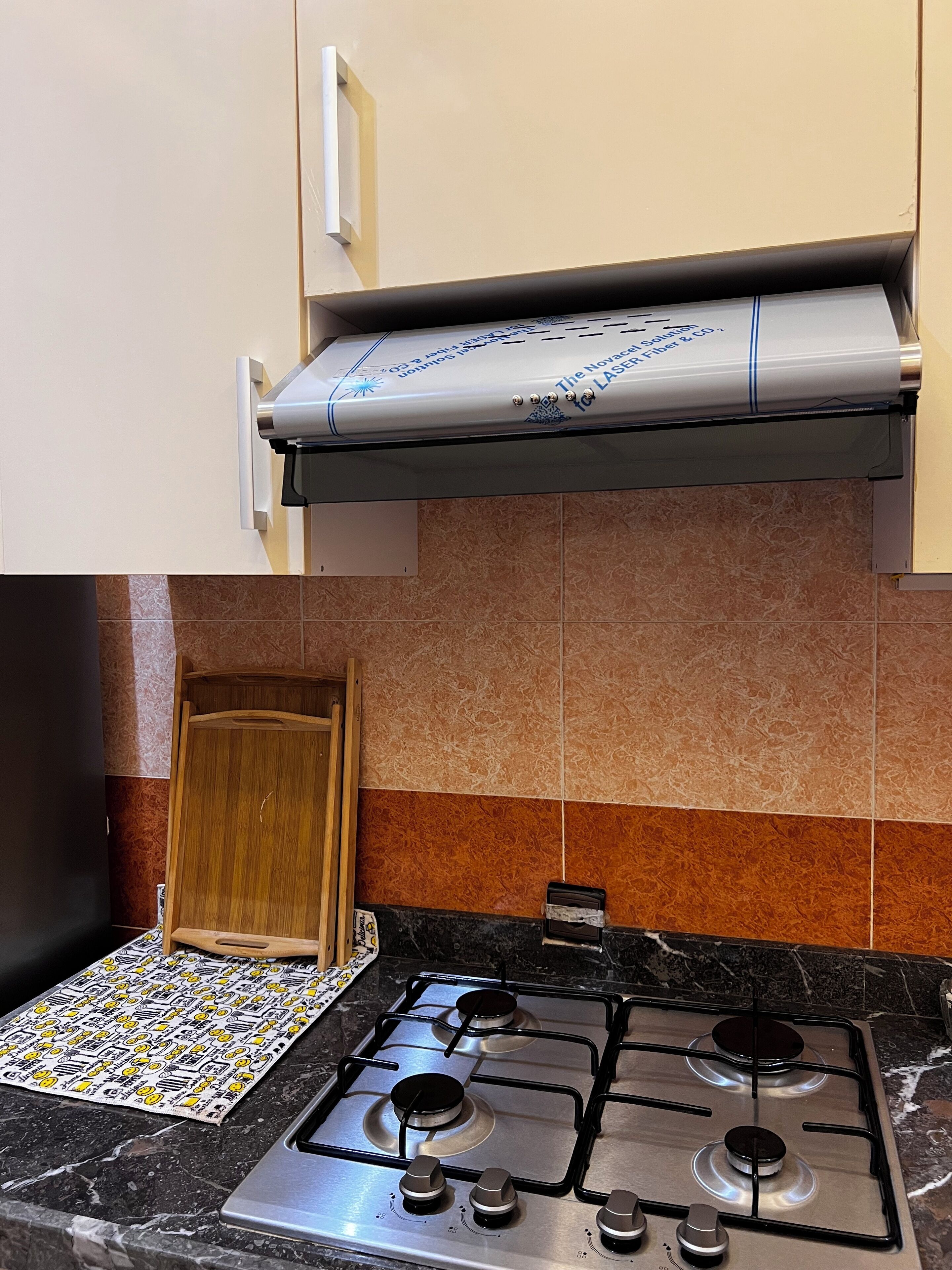 Une cuisine équipée d’une cuisinière à gaz, d’une hotte en acier inoxydable et d’un crédence décorée.