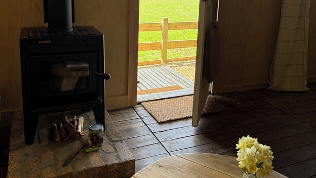 A cozy room with a wood-burning stove, a wooden table with a vase of flowers, and a view of a green field through an open door.