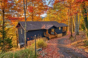 A cabin with a dark exterior, a front porch, and a pathway leading to the entrance. - FreeDollywoodTix+Pool+Secluded+Modern+HotTub (Sevierville)
