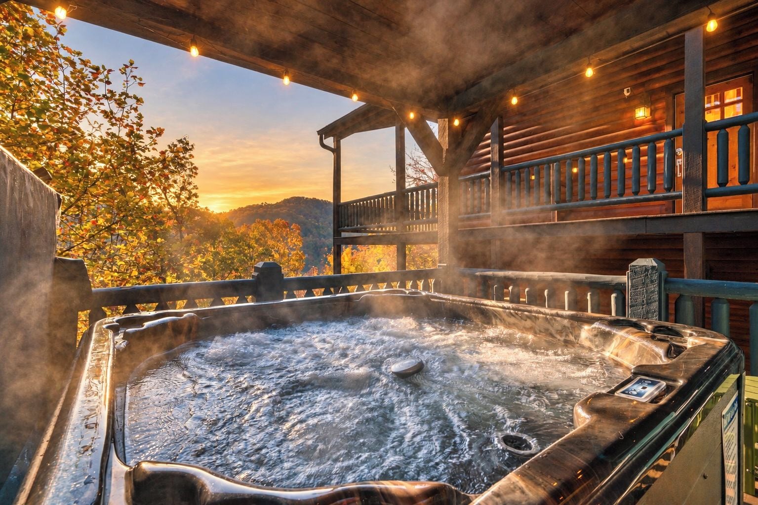 A hot tub with a view of autumn trees and a wooden deck.