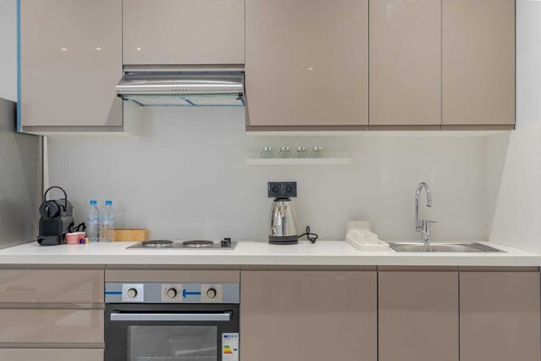 Full-sized fridge, oven, stovetop, espresso maker