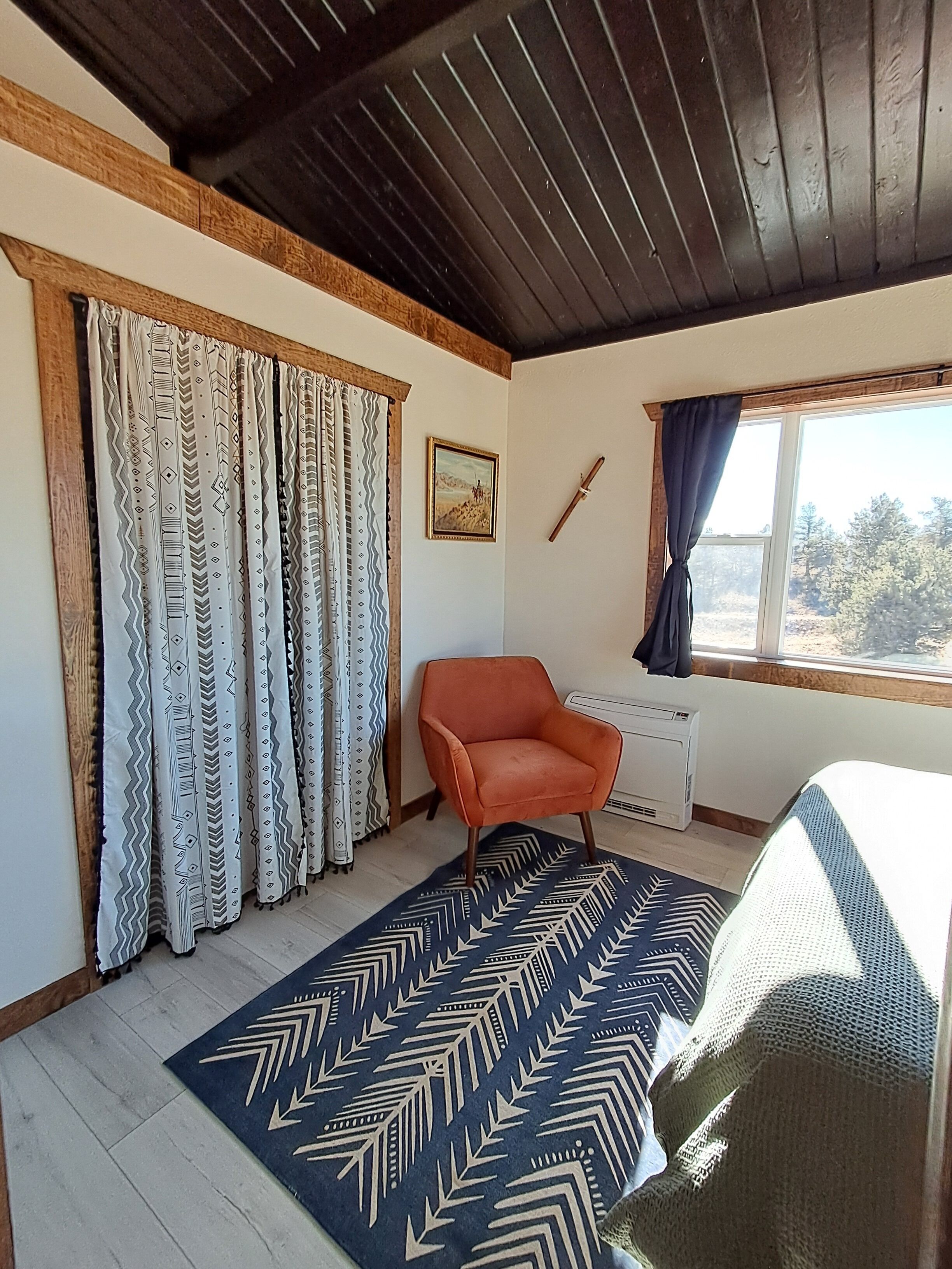 A room with a patterned rug, a chair, a radiator, and a window with curtains.