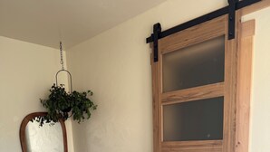 Une chambre à coucher avec un lit, une plante suspendue, une porte en bois et un miroir.