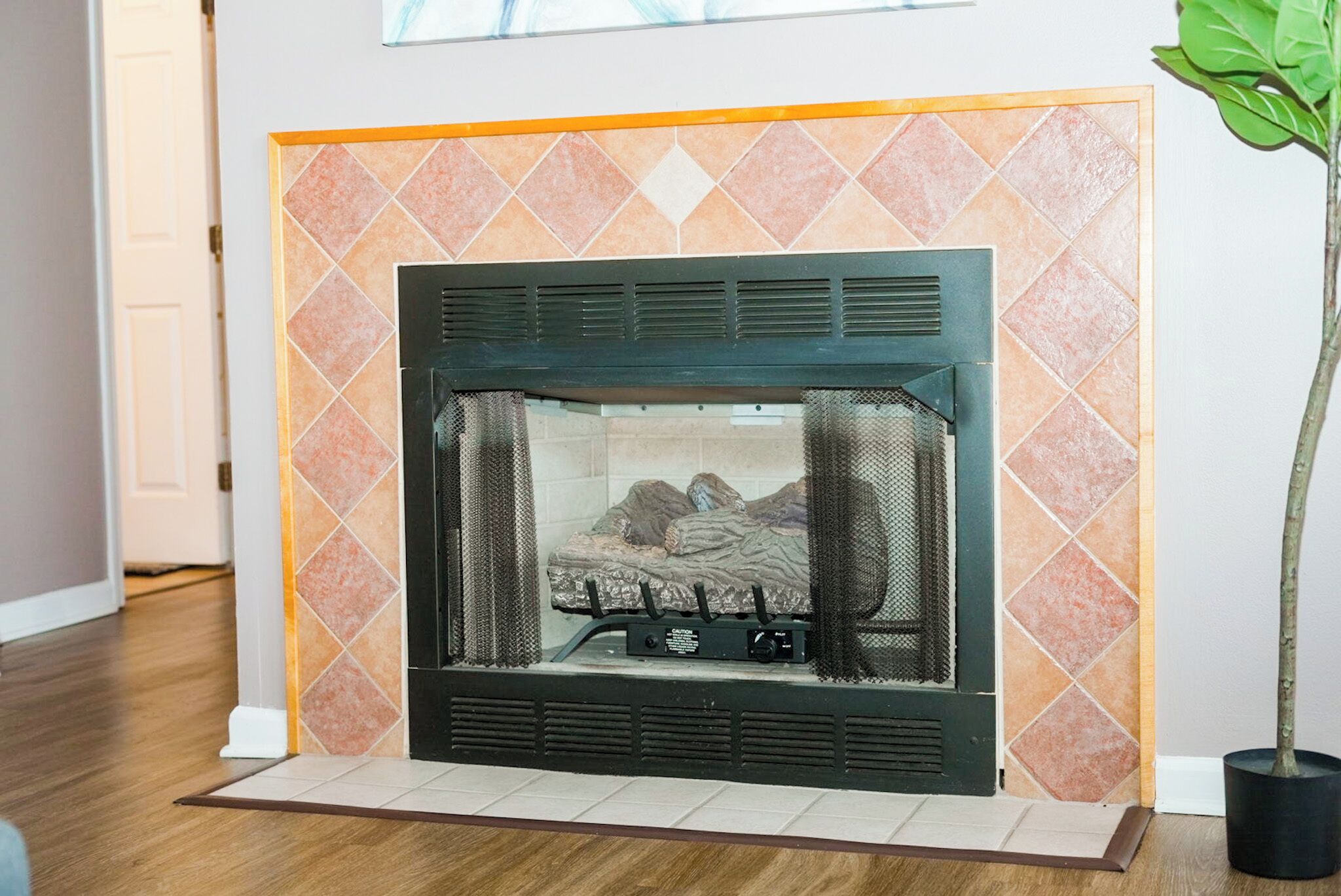 A fireplace with a tiled surround, a screen, and a plant beside it.