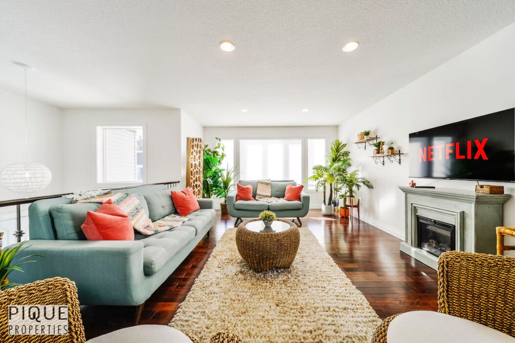 TV, fireplace, books