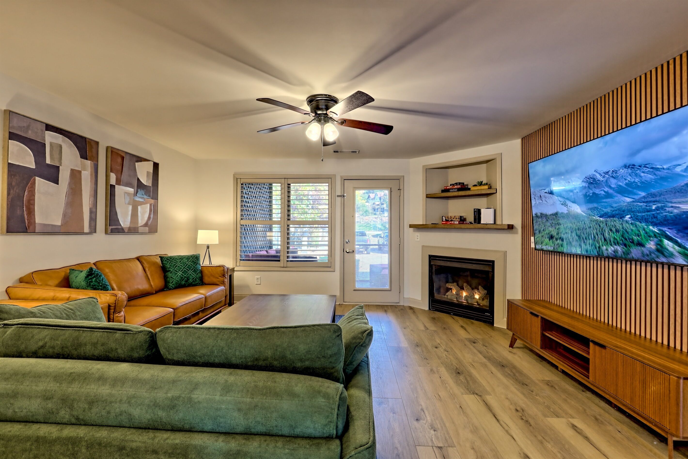 Smart TV, chimenea y libros 