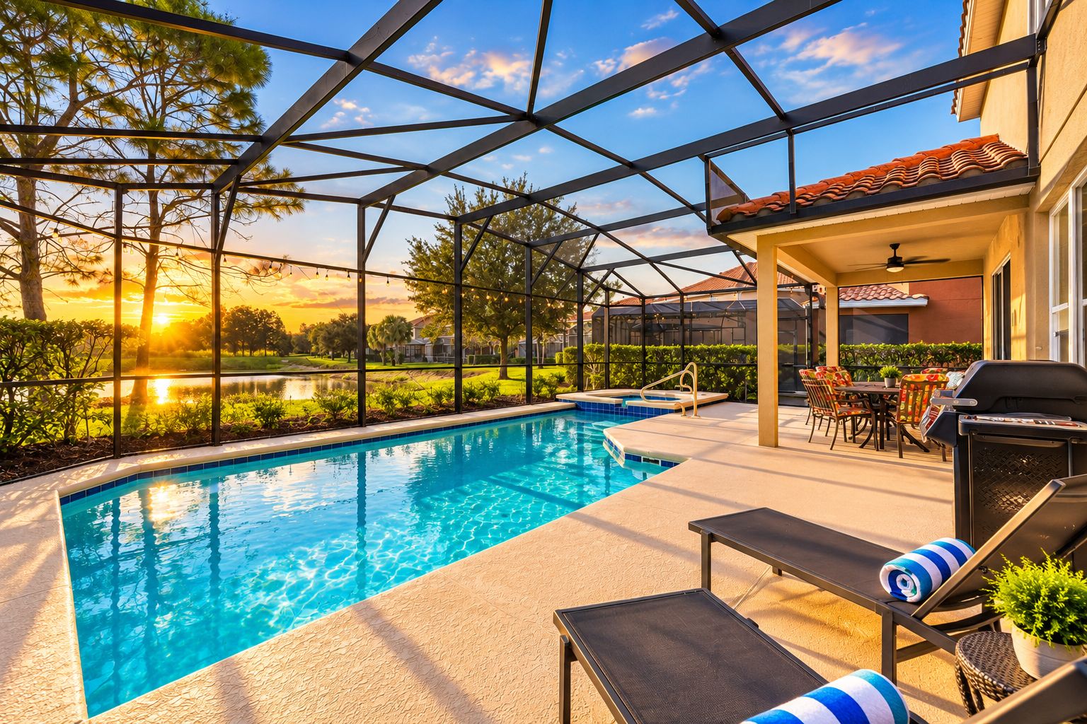 An outdoor swimming pool with a covered patio area, surrounded by trees and a view of the sunset.