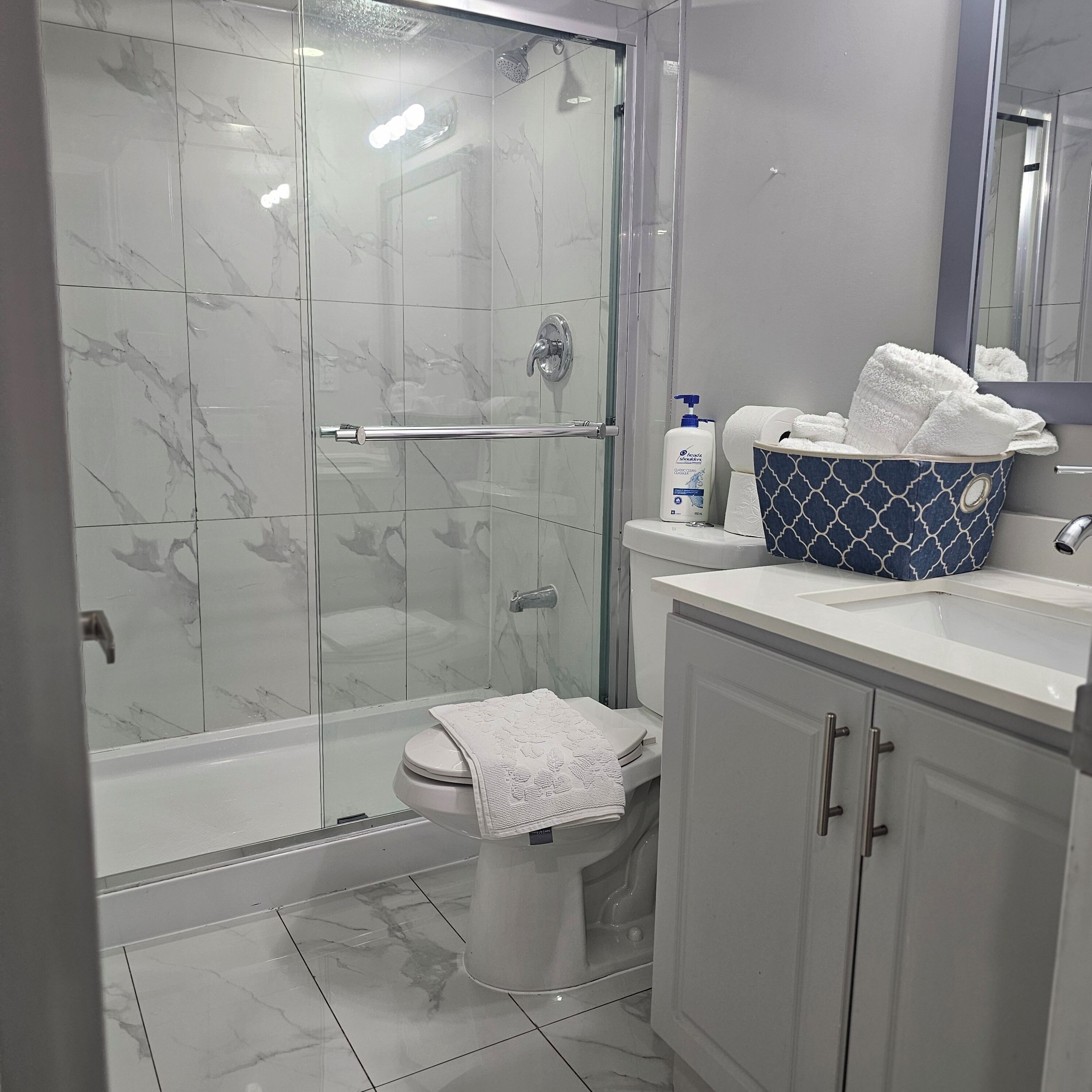 Shower, hair dryer, towels, soap