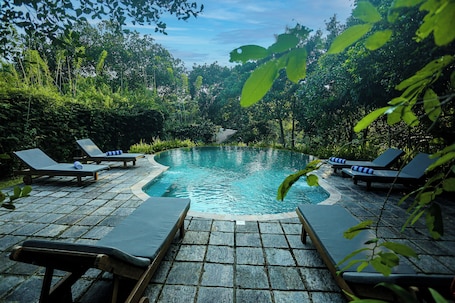 Outdoor pool, open 8:00 AM to 7:00 PM, pool loungers. Ilukketiya Tea chalets