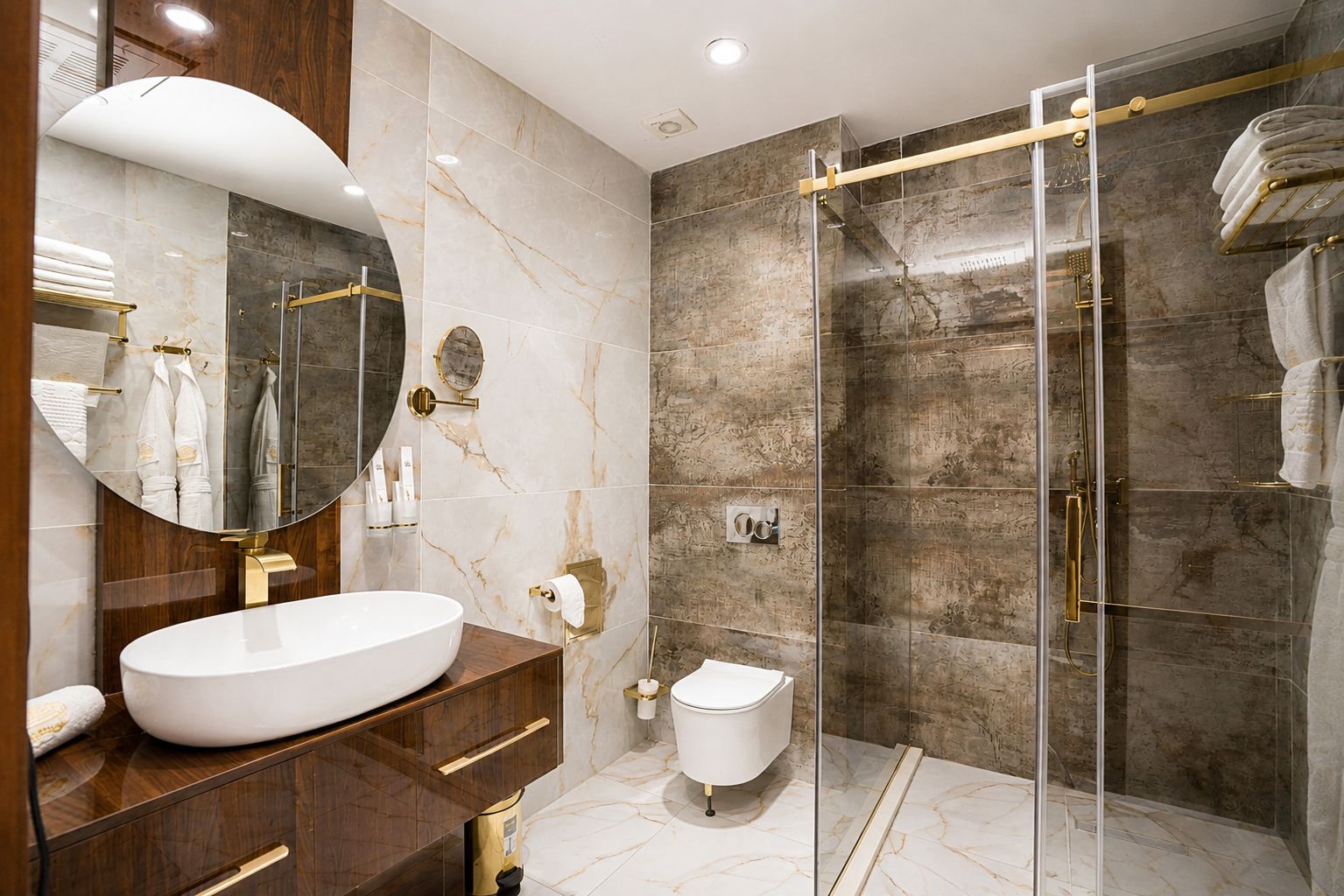 Une salle de bain moderne avec un grand lavabo ovale, un miroir rond, une douche en verre et des murs en marbre.
