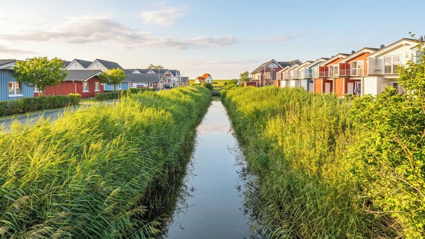 Ein Kanal, gesäumt von bunten Häusern, mit blauem Himmel.