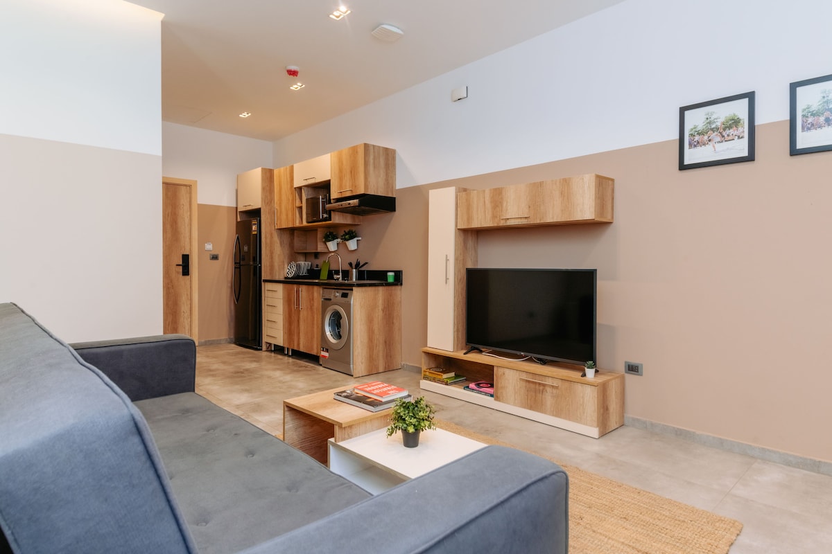 A modern living room with a grey sofa, a coffee table with a plant, a flat-screen TV, wooden cabinets, and a kitchen area with a washing machine.