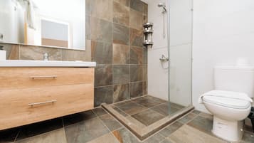 Appartamento, angolo cottura, vista città | Bagno | Doccia, asciugacapelli, asciugamani, sapone