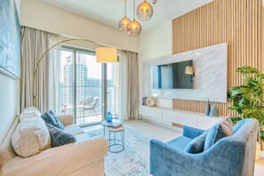 Premium Apartment, City View | Living room - PVH - Charming 1BR - Burj Royale (Dubai)