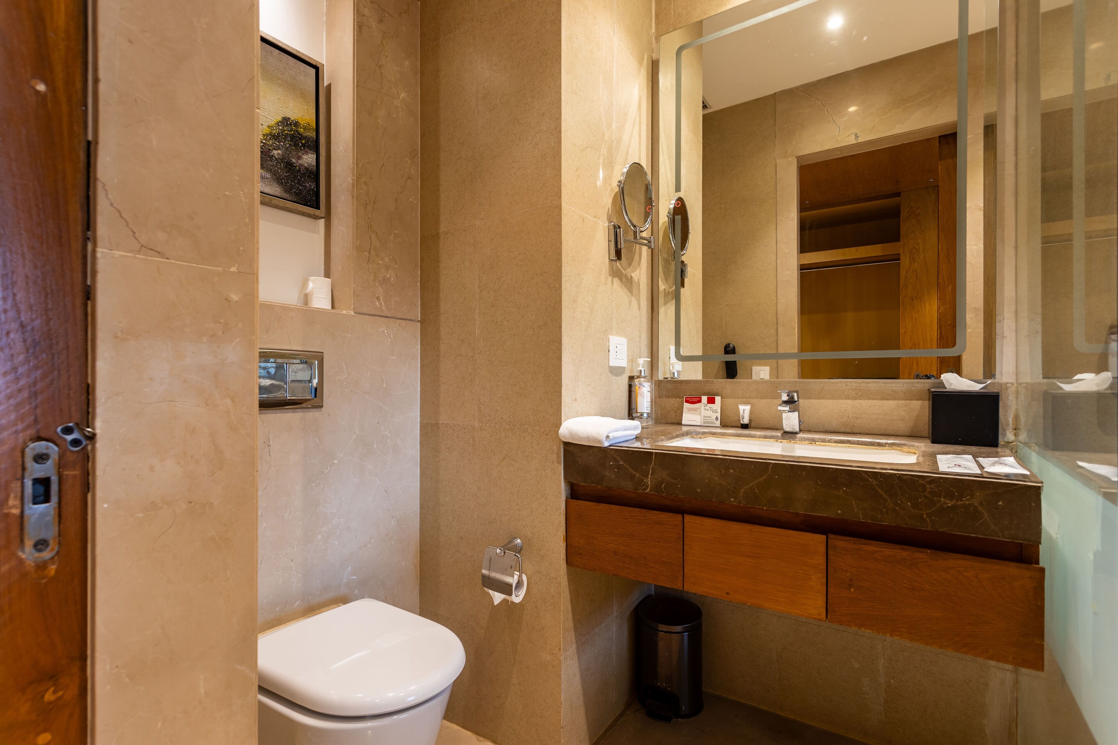 A modern bathroom with a marble vanity, a large mirror, and a toilet.