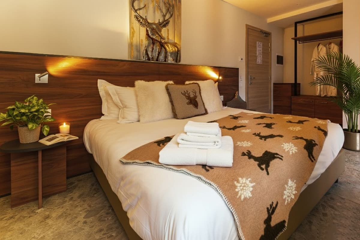 Un lit bien fait, recouvert d’une couverture à motifs de cerfs, une plante sur la table de chevet et une petite table de nuit avec un livre et une bougie.
