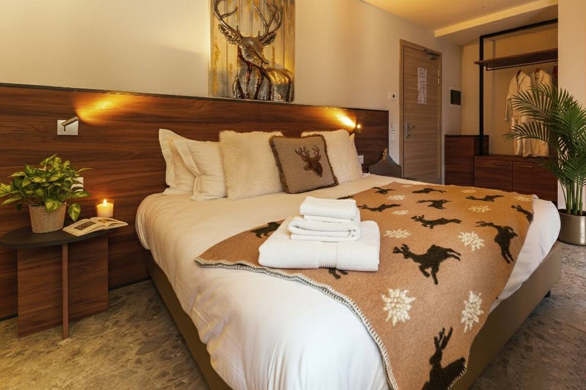 Deluxe Double Room, Mountain View | In-room safe, desk, laptop workspace, blackout drapes