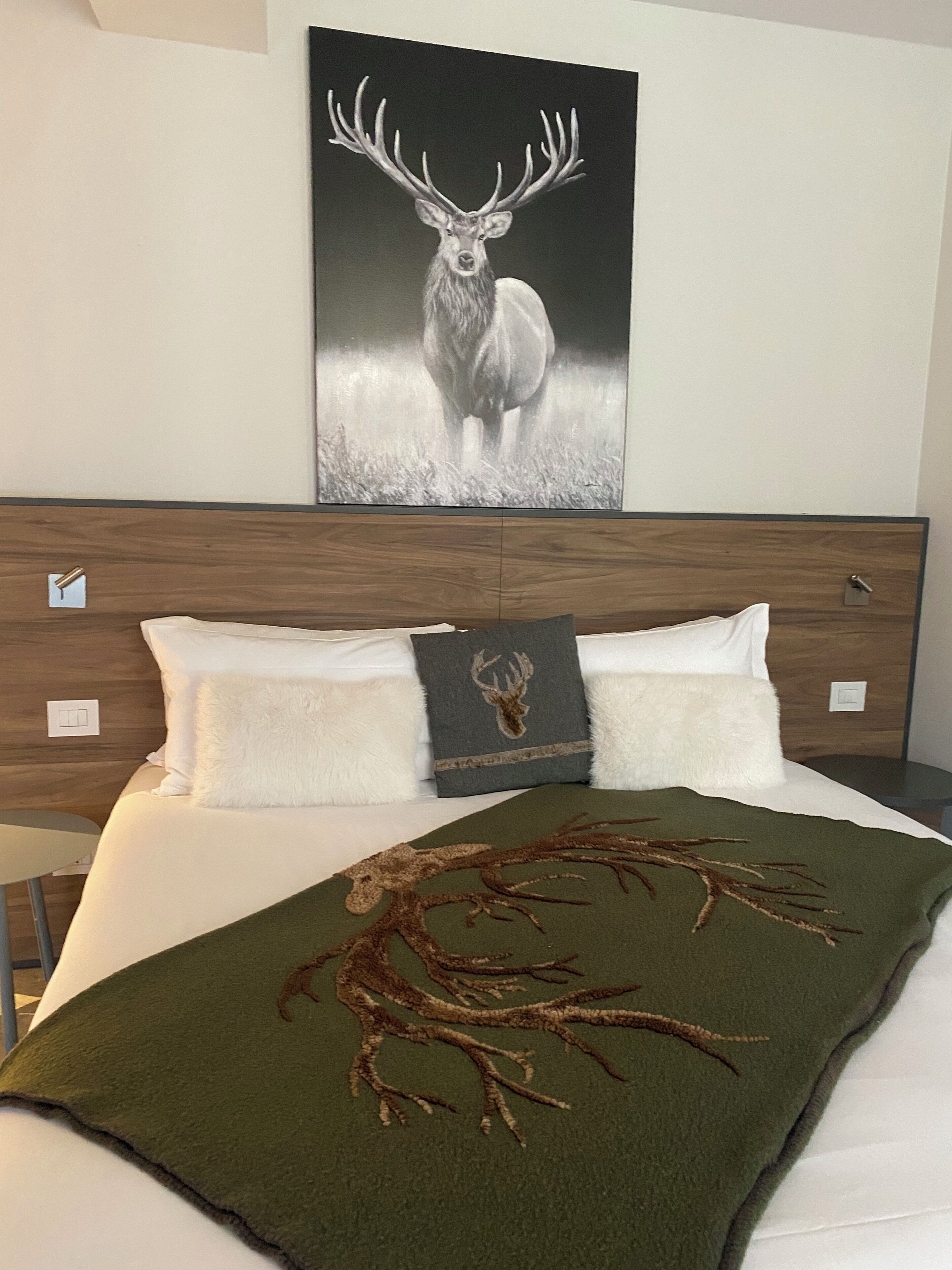 A bedroom with a large bed, a headboard with a mounted deer picture, and a deer-themed pillow.