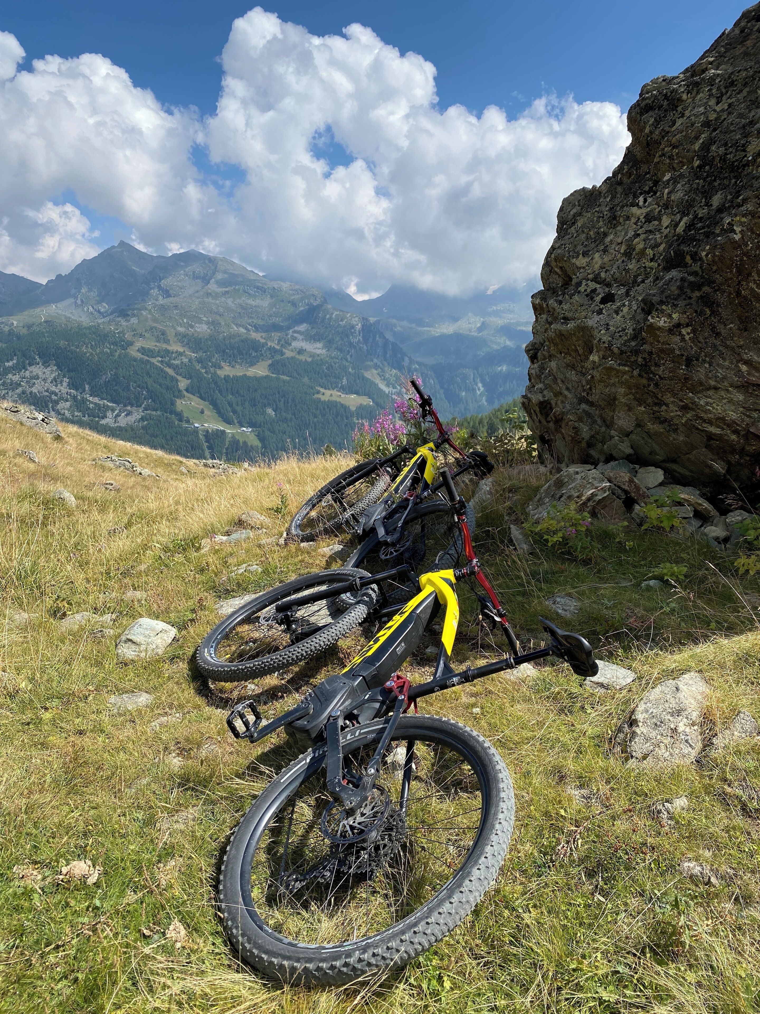 Una bicicleta de muntanya aparcada en un pendent herbós amb un penya-segat rocos i una serralada al fons.
