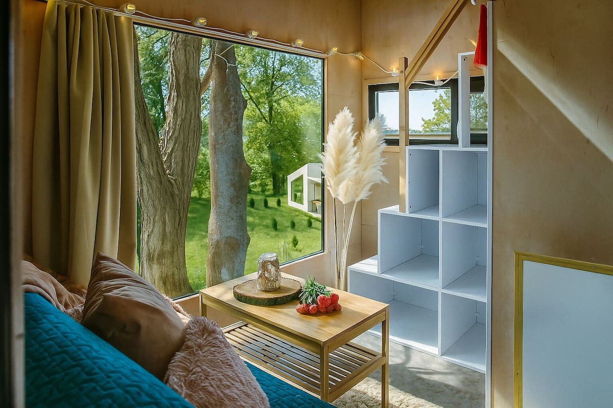 Um quarto aconchegante com uma janela grande, uma mesa de madeira com objetos decorativos e um sofá azul.