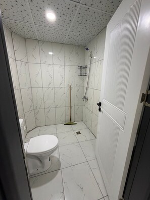Une salle de bain avec des toilettes, une douche et des murs carrelés.