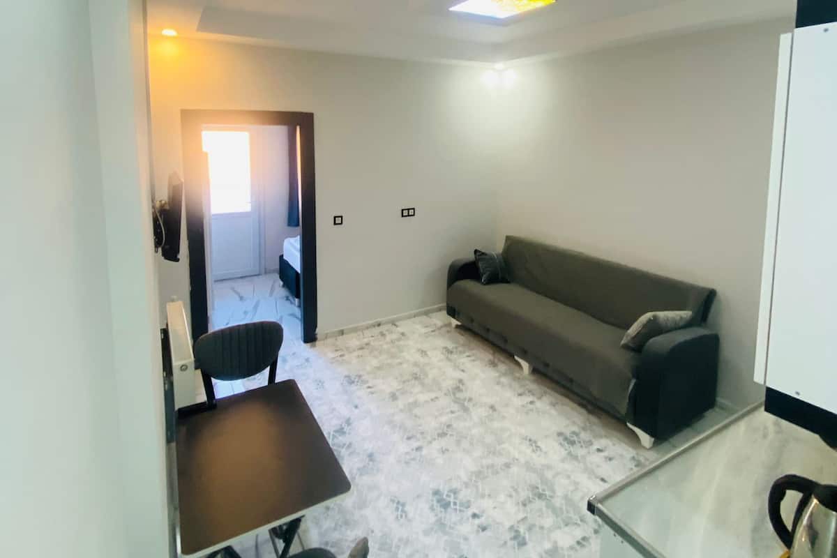 Un salon avec un canapé, une table et une chaise. Une porte donne accès à une autre pièce.