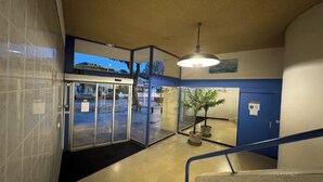 A hallway with a glass door entrance, a potted plant, and a ceiling light fixture. - Air-conditioned apartment with parking and wifi 150m from the beach (Canet-en-Roussillon)