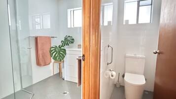 Shower, hair dryer, towels, soap