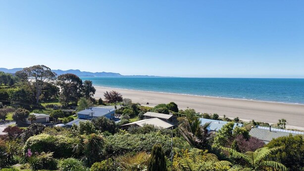 A coastal view with a beach, houses, and lush greenery.
