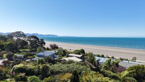 Blick auf die Küste mit Strand, Häusern und üppiger Vegetation.