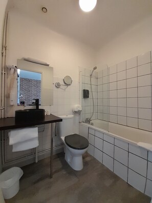 Hair dryer, towels, soap, toilet paper