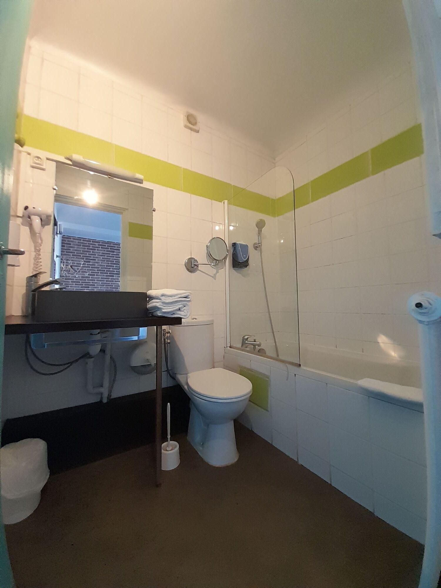 Hair dryer, towels, soap, toilet paper