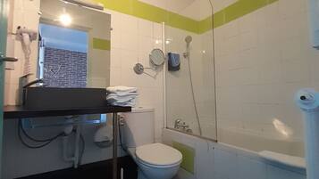 Hair dryer, towels, soap, toilet paper