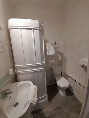 Hair dryer, towels, soap, toilet paper