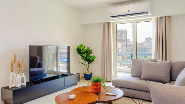 Un salon moderne avec un téléviseur à écran plat, un canapé, une table basse et une plante en pot.