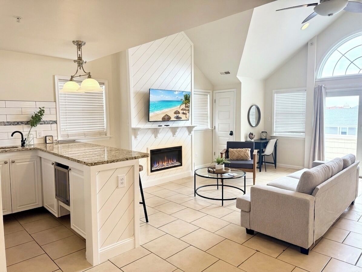 Smart TV, fireplace, books
