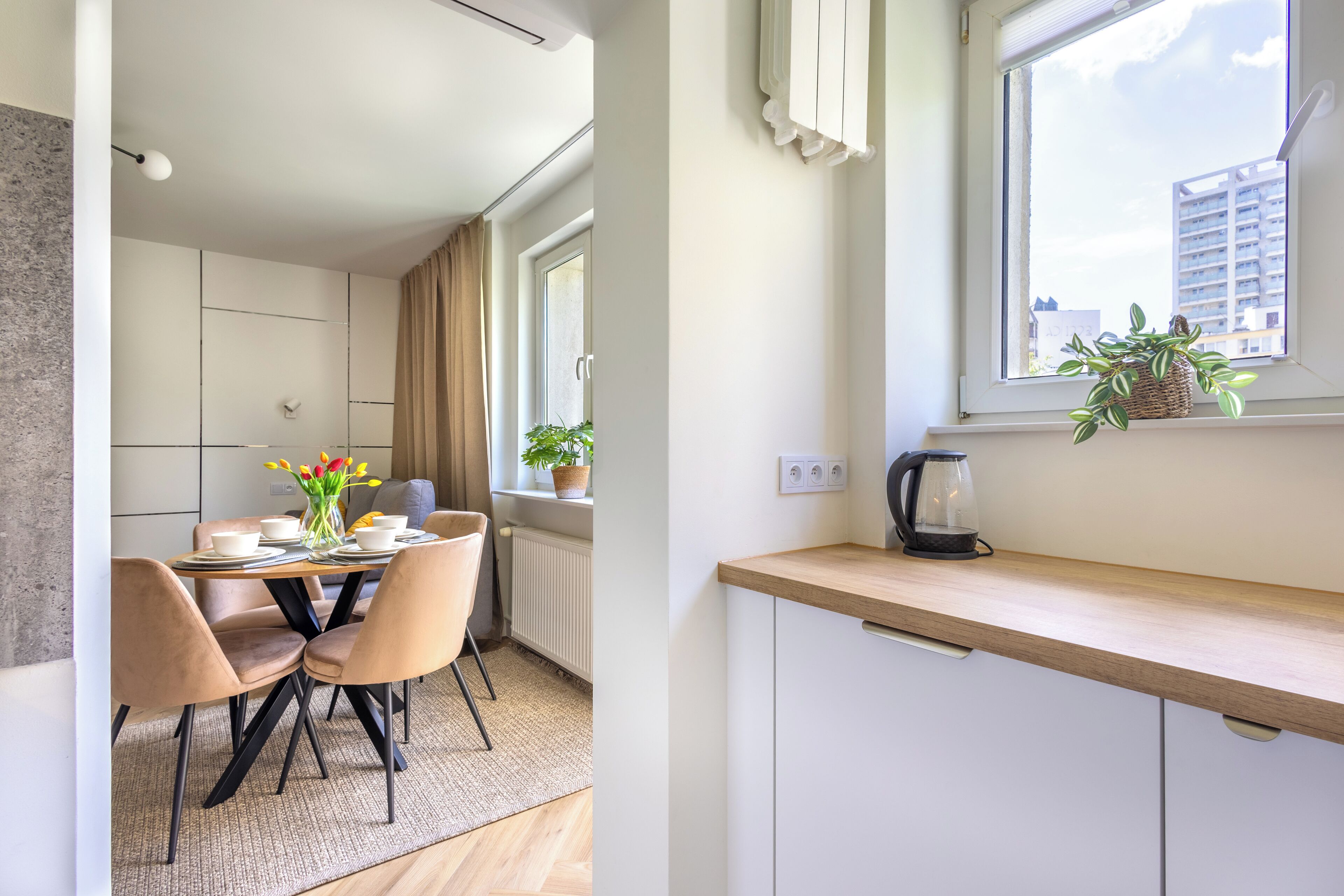 Une cuisine moderne avec une fenêtre, une machine à café et une plante en pot posée sur le rebord de la fenêtre.