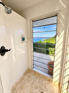 A bathroom with a shower, a toilet, and a window with a view of greenery and a body of water. - Seachange--views, pool, AC and generator (Christiansted)
