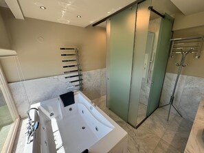 Een haardroger, handdoeken, zeep, toiletpapier