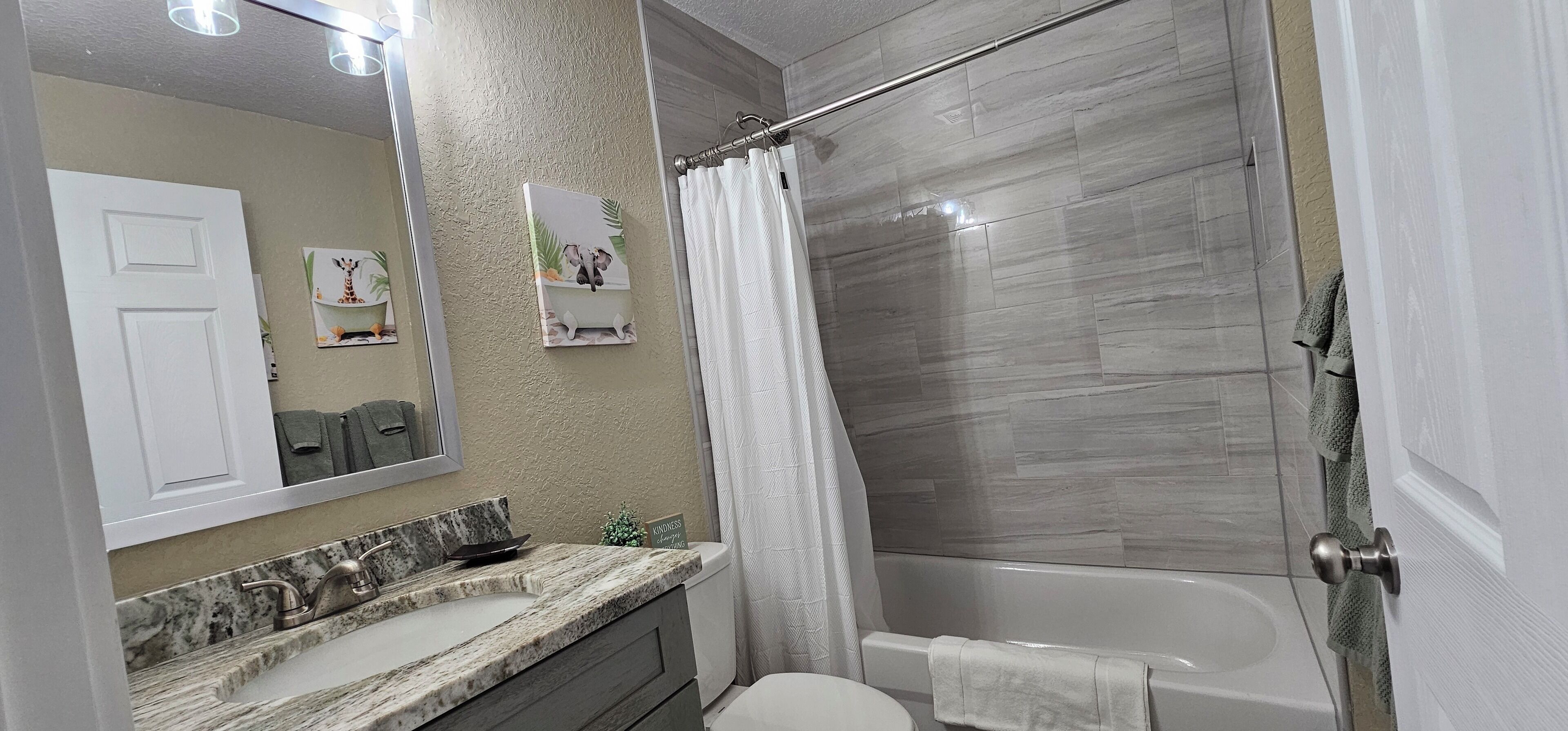 Hair dryer, towels, soap, toilet paper