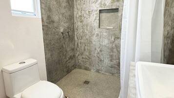 Hair dryer, towels, toilet paper