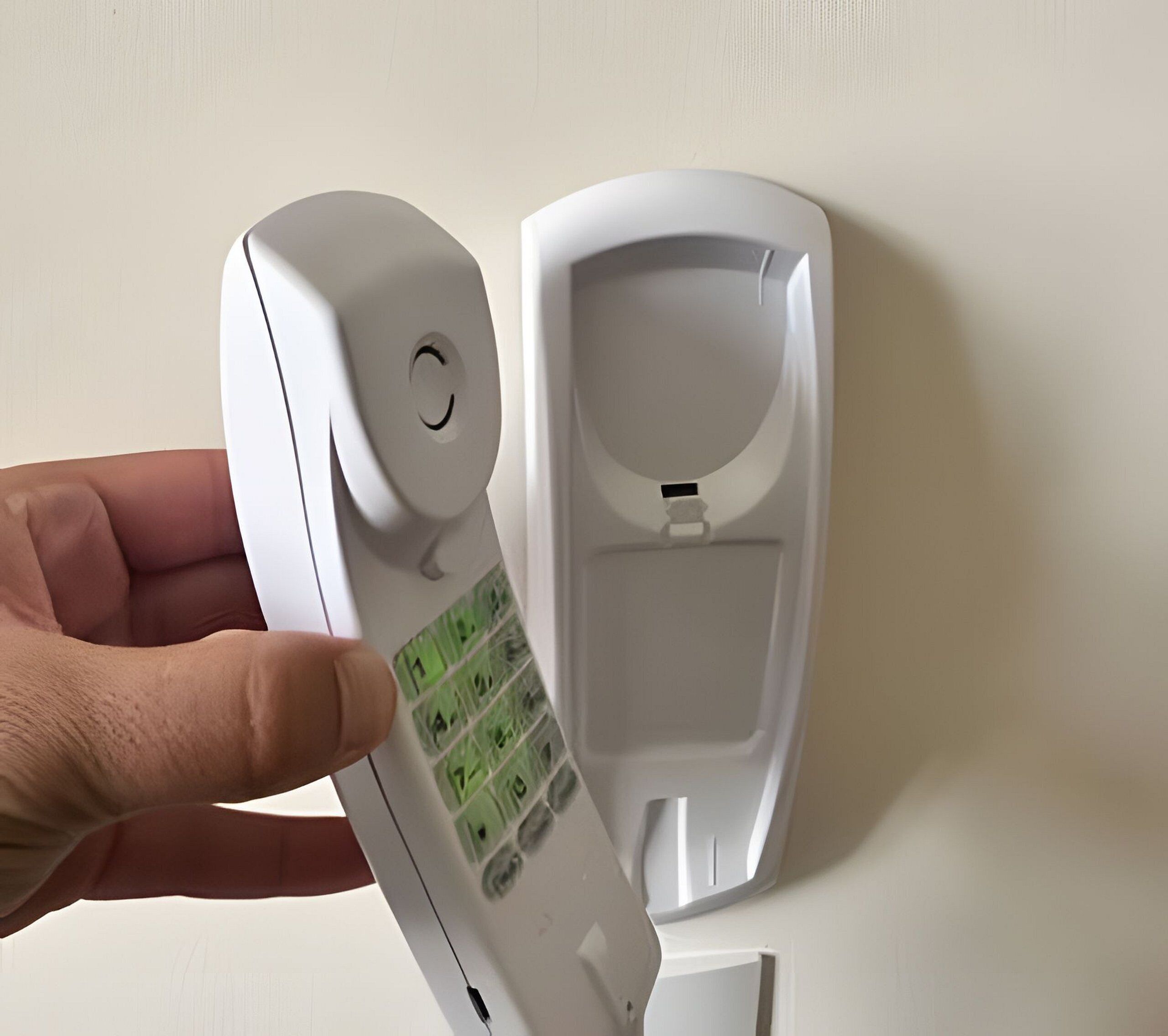 Een hand die een witte telefoon met toetsen vasthoudt, naast een witte wandtelefoon.