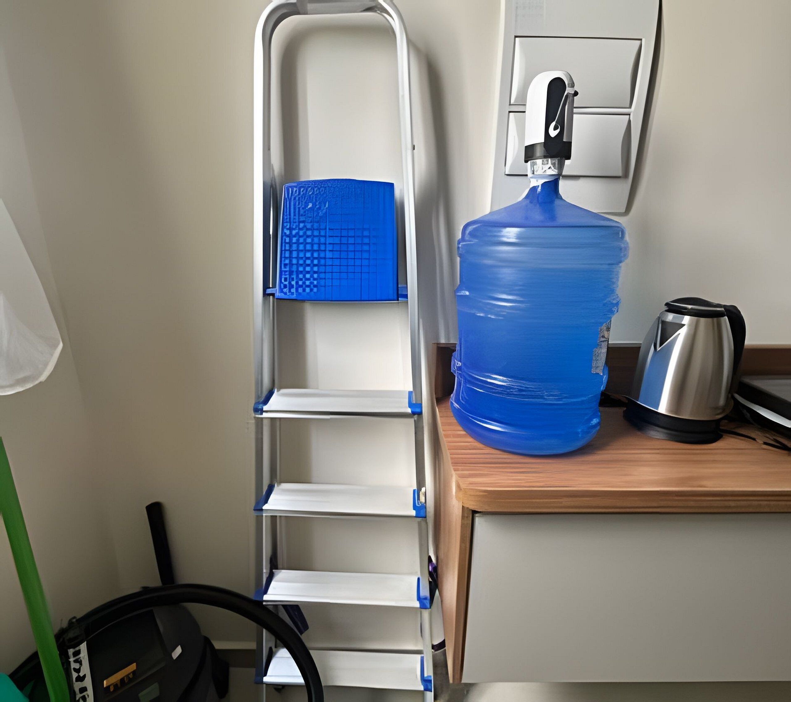 A kitchenette with a stainless steel kettle, a large blue water dispenser, and a metal ladder.